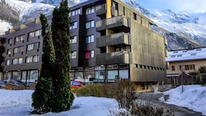 A multi-story hotel with balconies, large windows, and a view of snow-capped mountains.