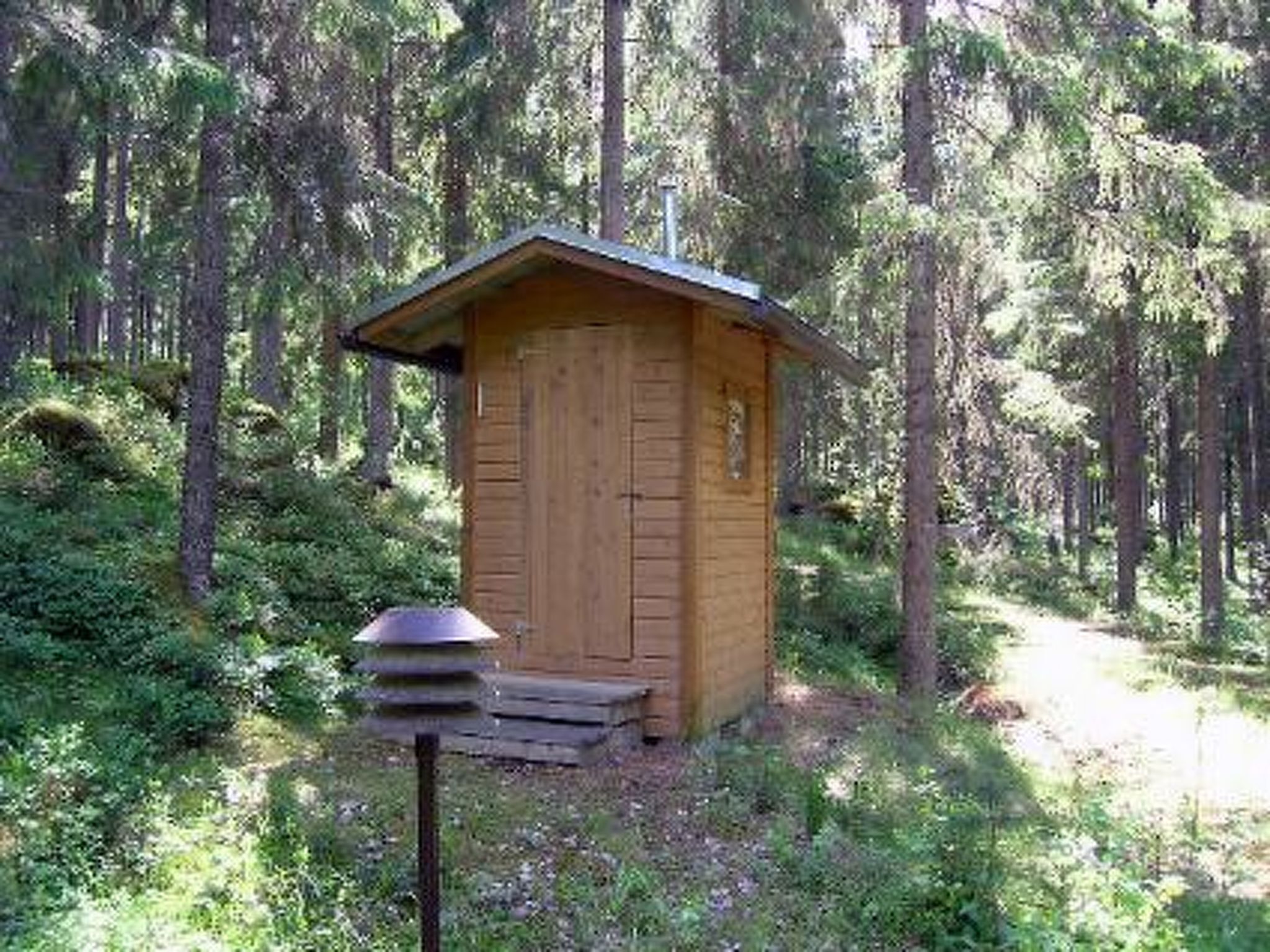 Una pequeña cabaña de madera en un bosque.