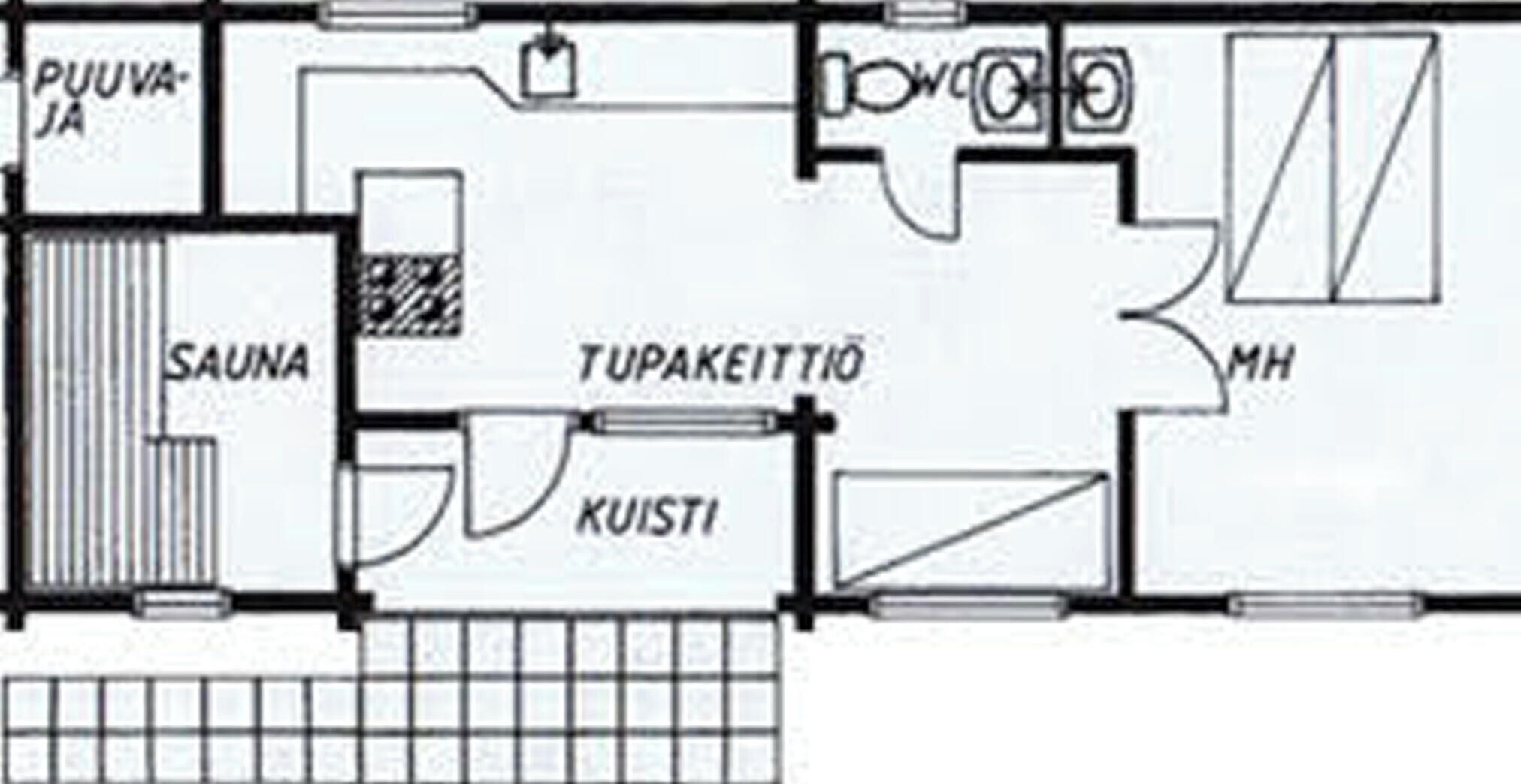 Distribución de un hotel con sauna, cocina y una habitación identificada como 'TUPAKEITTIÖ'.