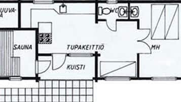 Distribución de un hotel con sauna, cocina y una habitación identificada como 'TUPAKEITTIÖ'.