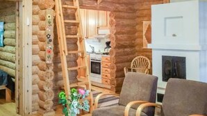 A log cabin interior with a fireplace, two armchairs, a wooden ladder, and a vase with flowers. - Vacation home 5816 by Interhome (Äänekoski)