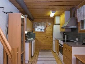 A compact kitchen with wooden cabinets, a built-in oven, and a window with a view. - Orava-apaja by Interhome (Mikkeli)