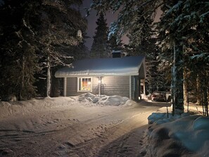 A cabin with a snow-covered ground, surrounded by trees.