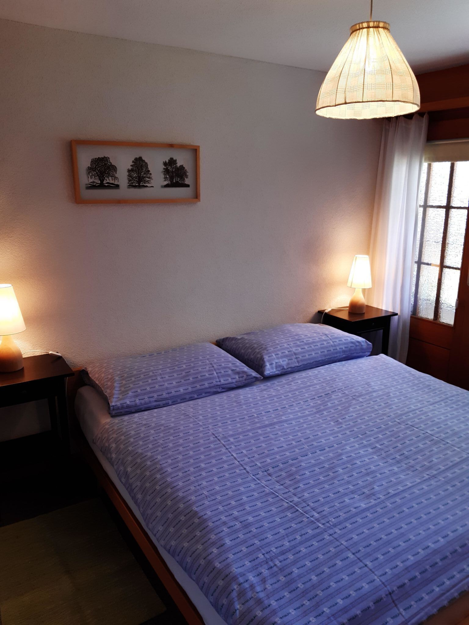 A neatly made bed with a patterned bedspread and pillows, flanked by two bedside tables with lamps, a framed picture of trees on the wall, and a hanging light fixture.