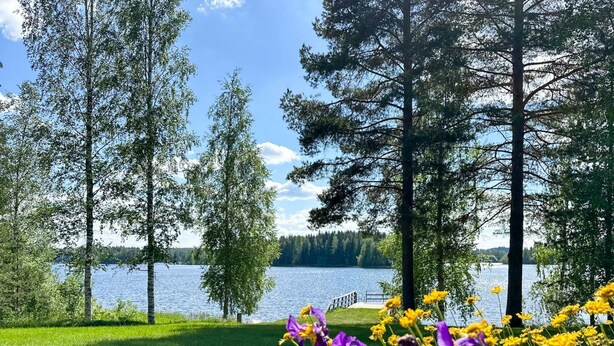 A lakeside view with tall trees and a grassy area with purple and yellow flowers. - Suviranta by Interhome (Lapinlahti)