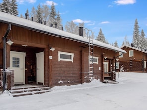 A wooden cabin with a covered porch, a ladder, and a snow-covered landscape.