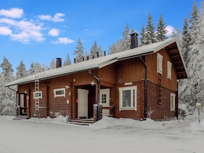 A wooden cabin with a front porch, a chimney, and a door labeled "Aventurini".