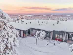 Una casa cubierta de nieve con una vista despejada del bosque circundante.
