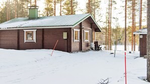 Een chalet met een groen dak, omringd door hoge dennen en bedekt met sneeuw.