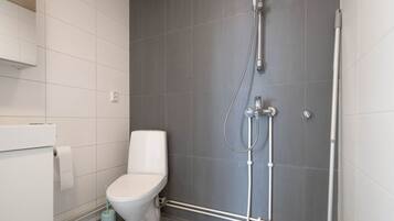 A modern bathroom with a toilet, a shower with a handheld showerhead, and a toilet paper holder.