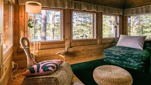 L’intérieur chaleureux d’un chalet avec des murs en bois, un canapé recouvert d’un tissu vert, un pouf en fibres tressées et une lampe.