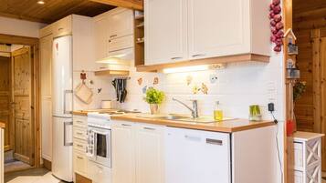 Fridge, microwave, dishwasher, cookware/dishes/utensils