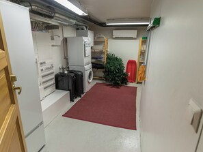 A compact utility room with a washing machine, a dryer, a small Christmas tree, and a red mat on the floor.