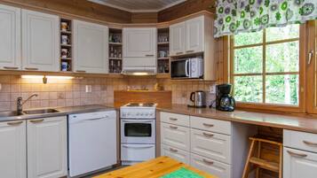 Fridge, microwave, dishwasher, cookware/dishes/utensils