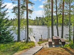 A lakeside deck with a dock extending into the water, surrounded by tall trees and a clear sky.