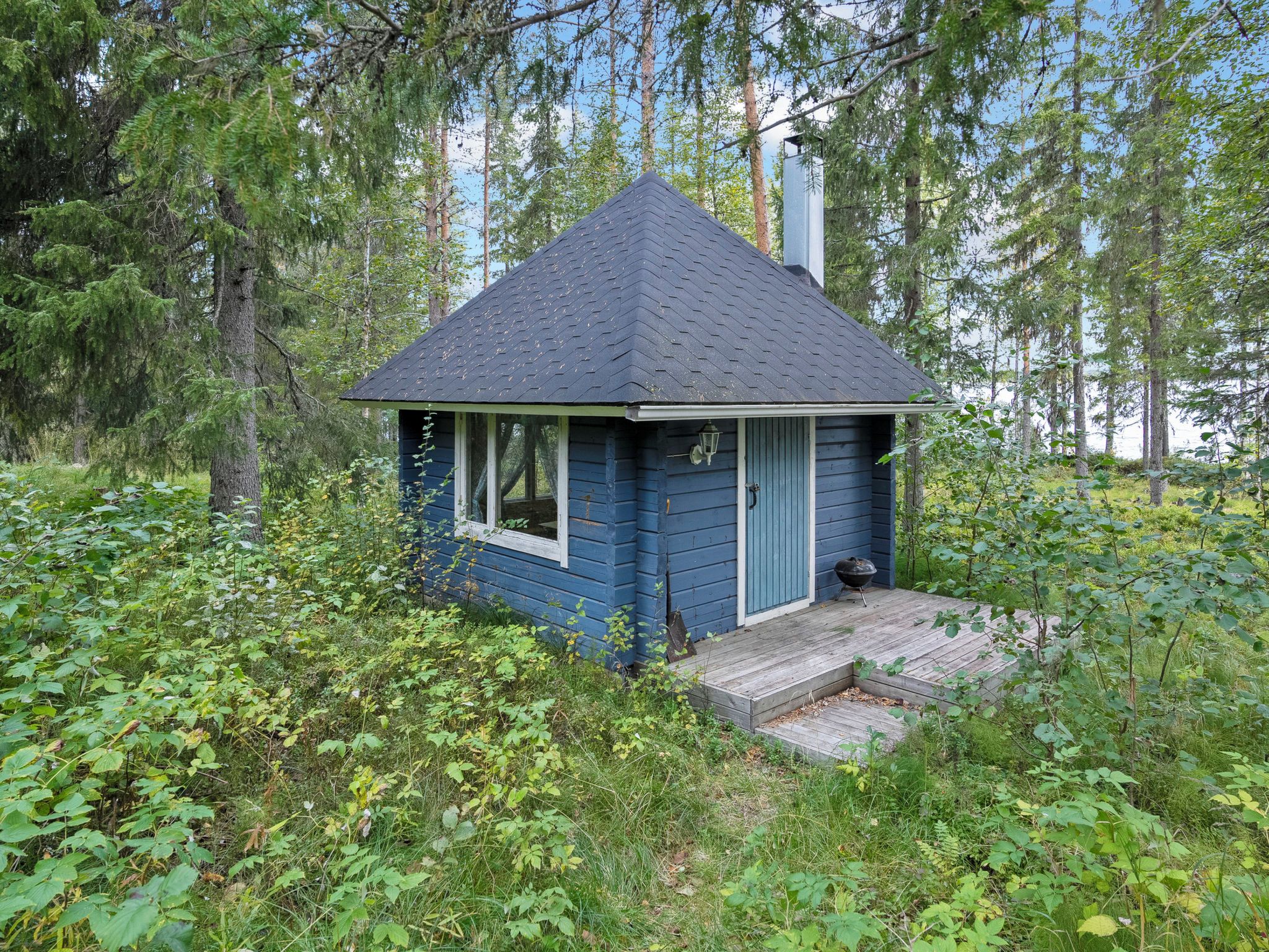 A small cabin with a dark roof, surrounded by dense greenery and trees.