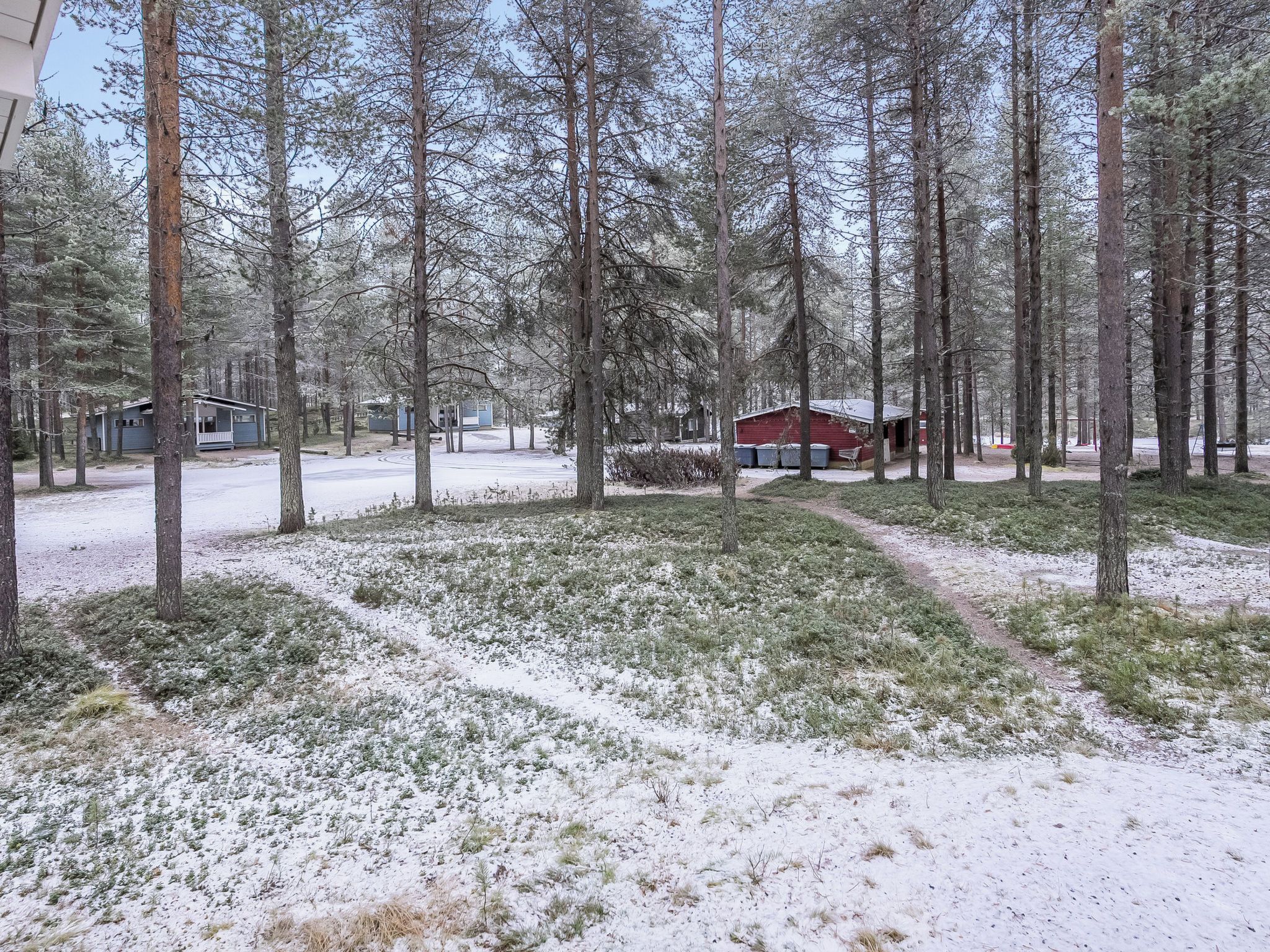A snowy forest with a red cabin and a blue building.