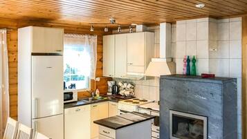 Fridge, microwave, cookware/dishes/utensils