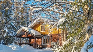 Een vakantiehuis van hout met een schuin dak, omringd door met sneeuw bedekte bomen.