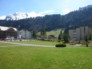 A grassy area with buildings, a mountain, and a clear sky.