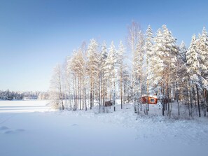 Una cabaña rodeada de árboles cubiertos de nieve en un paisaje invernal.