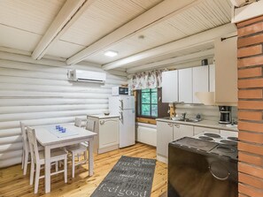 Fridge, microwave, cookware/dishes/utensils