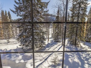 A snowy forest scene through a window with a grid pattern. - Muuttohaukka by Interhome (Kuusamo)
