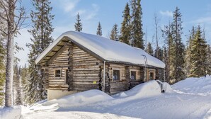 A log cabin with a snow-covered roof, surrounded by snow-covered ground and trees.
