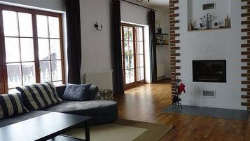 TV, fireplace, DVD player, books