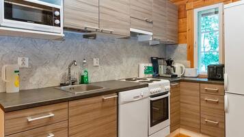 Fridge, microwave, dishwasher, cookware/dishes/utensils