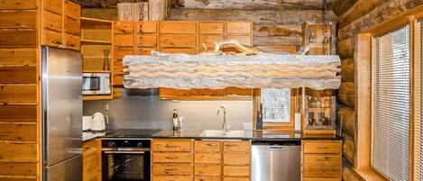 Fridge, microwave, dishwasher, cookware/dishes/utensils