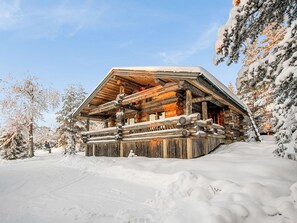 A log cabin with a sloped roof, surrounded by snow-covered trees.