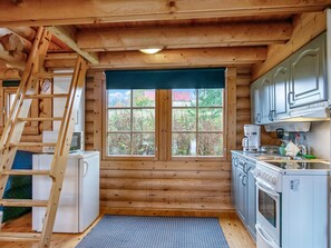 Fridge, microwave, cookware/dishes/utensils