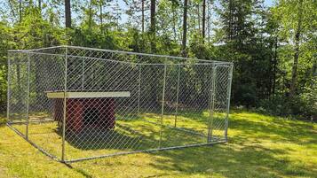 A fenced enclosure with a bench and a small structure, surrounded by grass and trees.