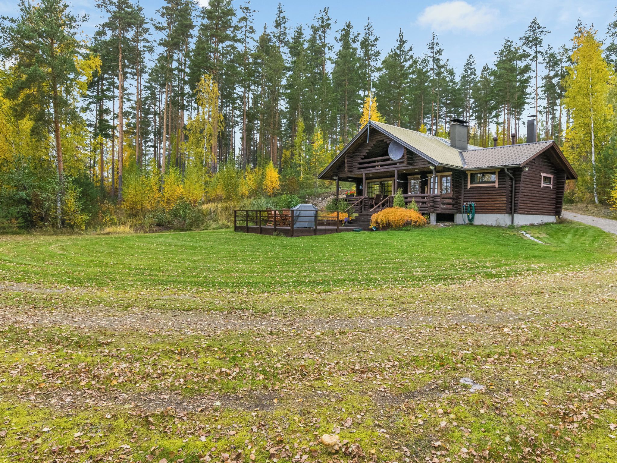 A log cabin with a porch, surrounded by a grassy field and a forest.