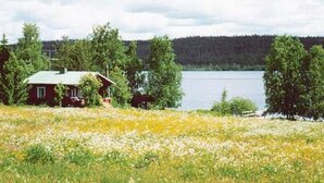 A cabin with a green roof, surrounded by a grassy field and trees, near a body of water. - Raanumökki 1 by Interhome (Pello)