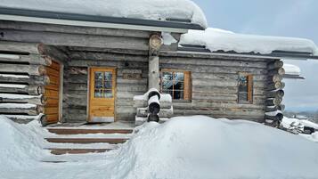 Une cabane en rondins avec une porte en bois et des volets aux fenêtres, entourée de neige.