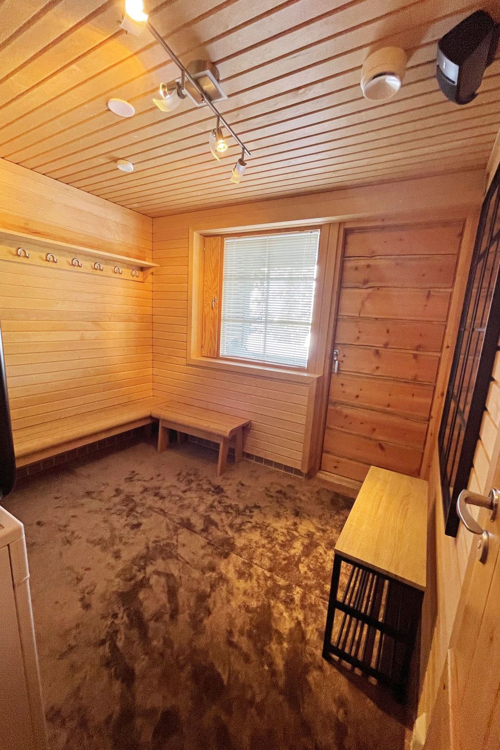 Saunahuone, jonka seinät ovat puuta, siellä on penkki, ikkuna ja kattovalaisimet.