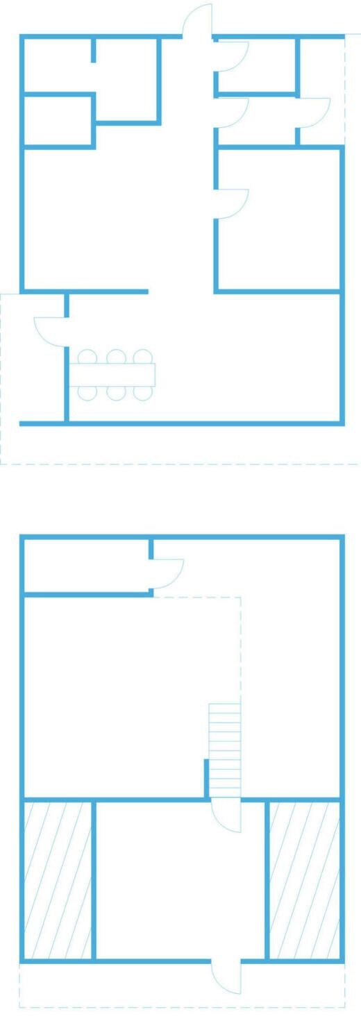 Un plan d’étage comprenant deux pièces, dont une avec un escalier et l’autre avec une fenêtre.
