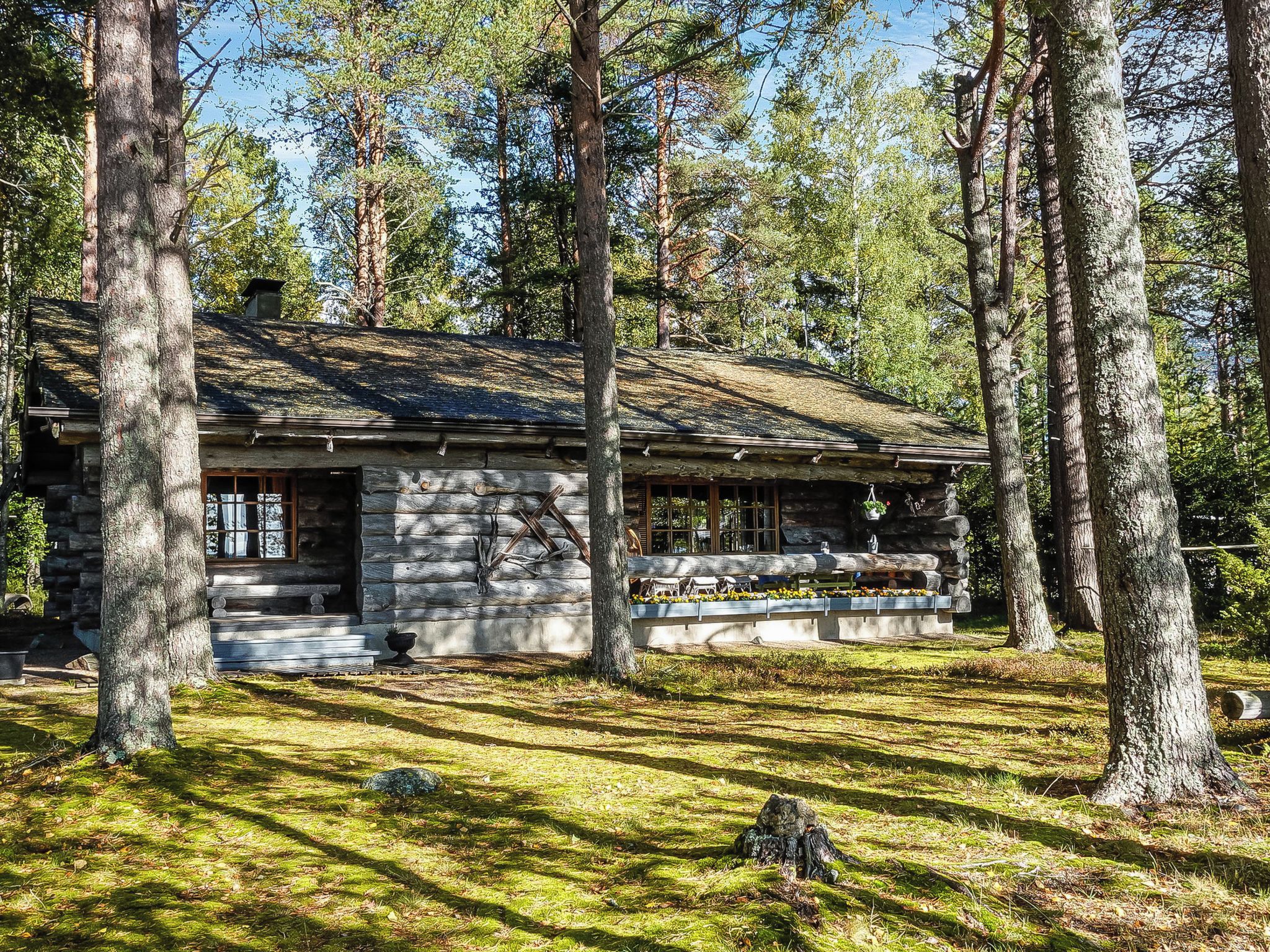 A log cabin with a porch, surrounded by trees.