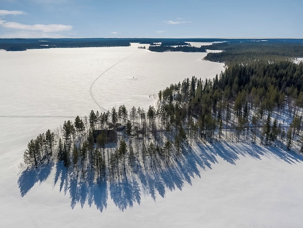 Une vue aérienne d’un paysage enneigé, avec une forêt dense et un ciel dégagé.