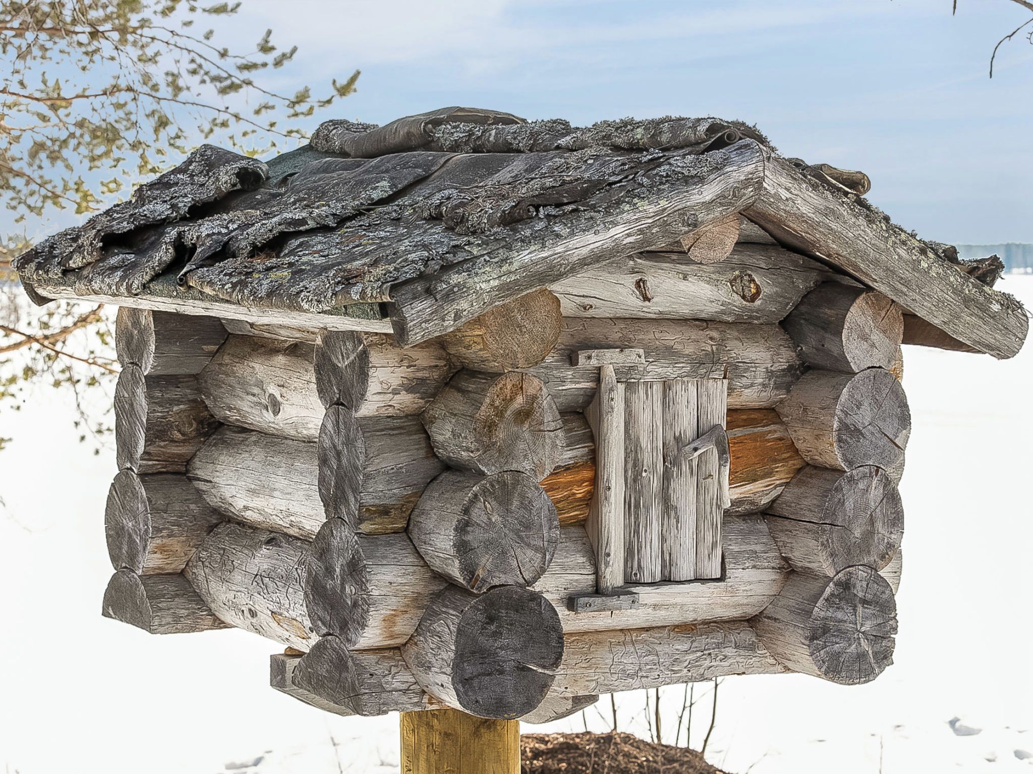A log cabin-style birdhouse with a sloped roof and a wooden door.