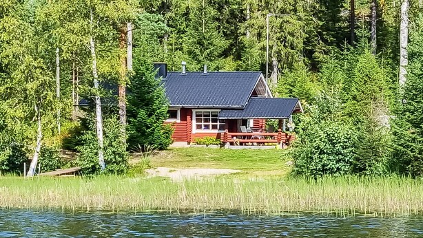 A cabin with a dark roof, surrounded by dense forest and a body of water.