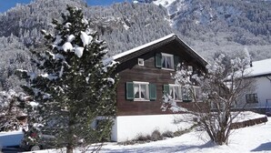 Une maison en bois aux volets verts, entourée d’arbres couverts de neige et avec une montagne en arrière-plan.