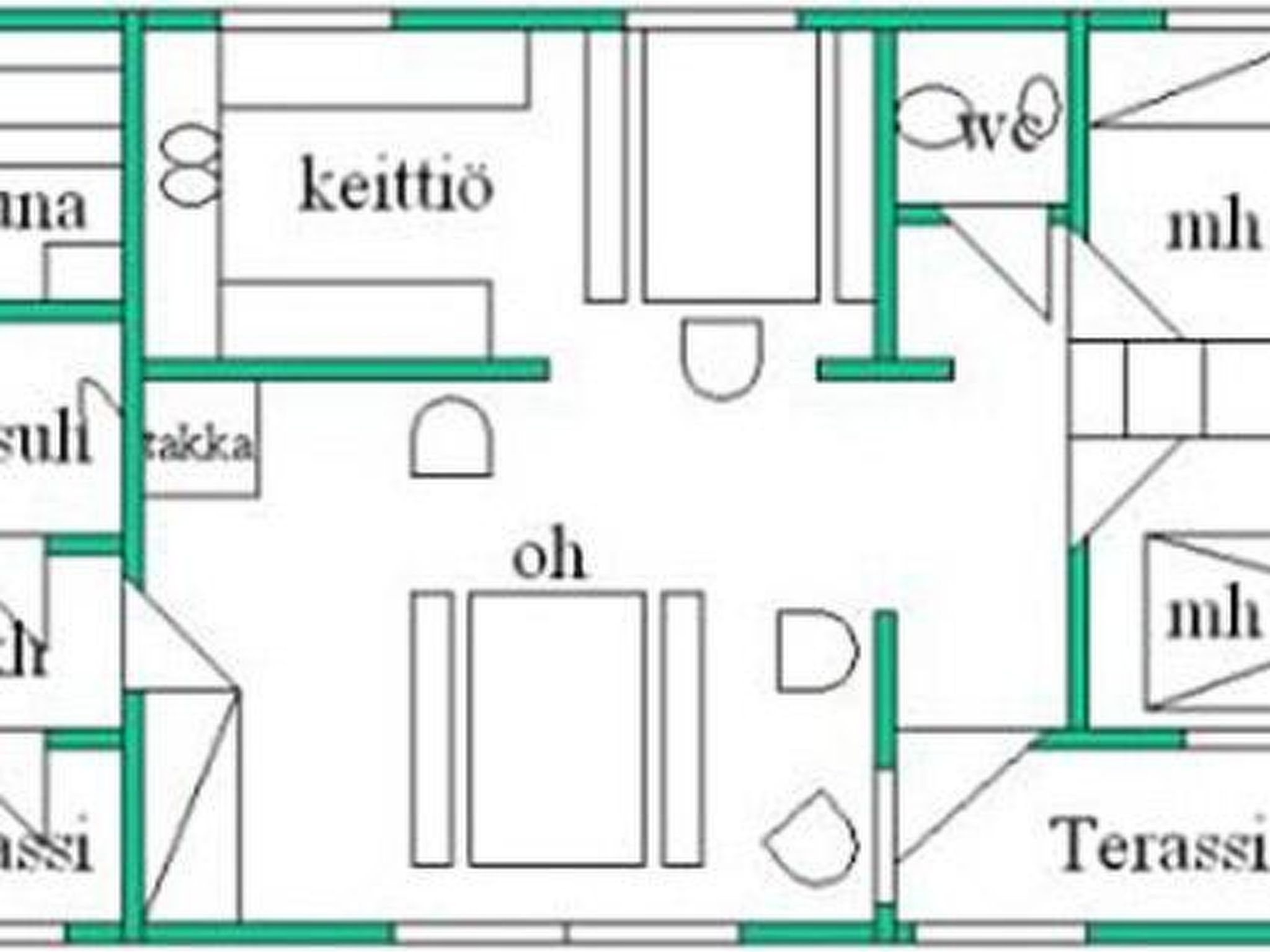 A hotel layout with multiple rooms, a kitchen, and a dining area.
