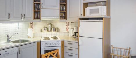 Fridge, microwave, dishwasher, cookware/dishes/utensils