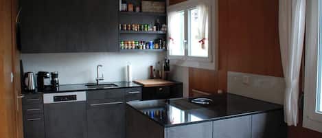 A modern kitchen with dark cabinetry, a built-in dishwasher, and a window with curtains.