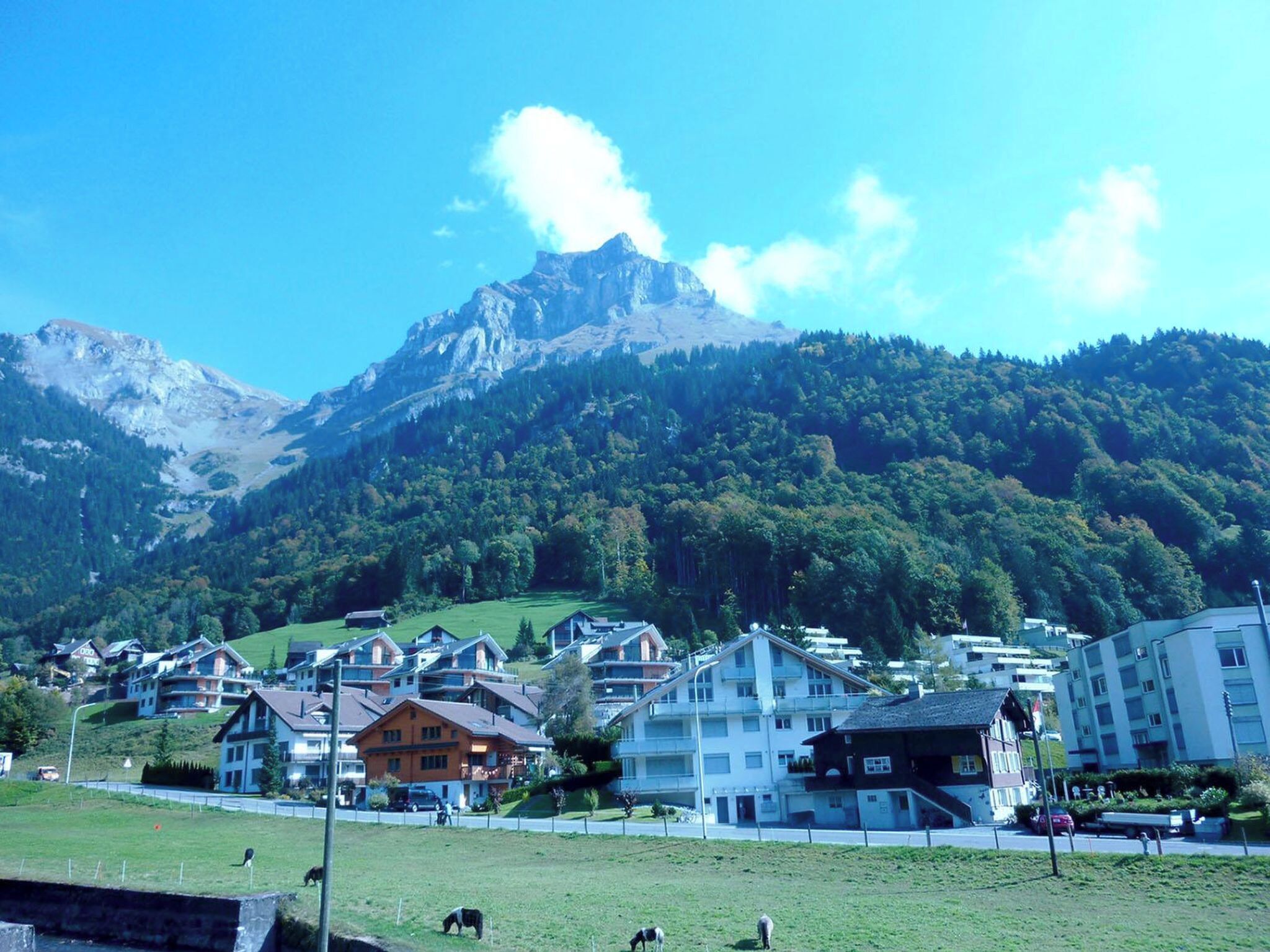 A mountainous landscape with a town in the foreground featuring residential buildings and a clear sky.