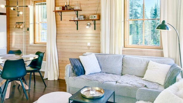 A cozy living room with a grey sofa, a round coffee table, and a dining area with a table and chairs.