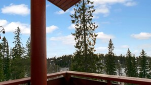 A wooden deck with a metal chair, overlooking a forested area with a clear sky.
